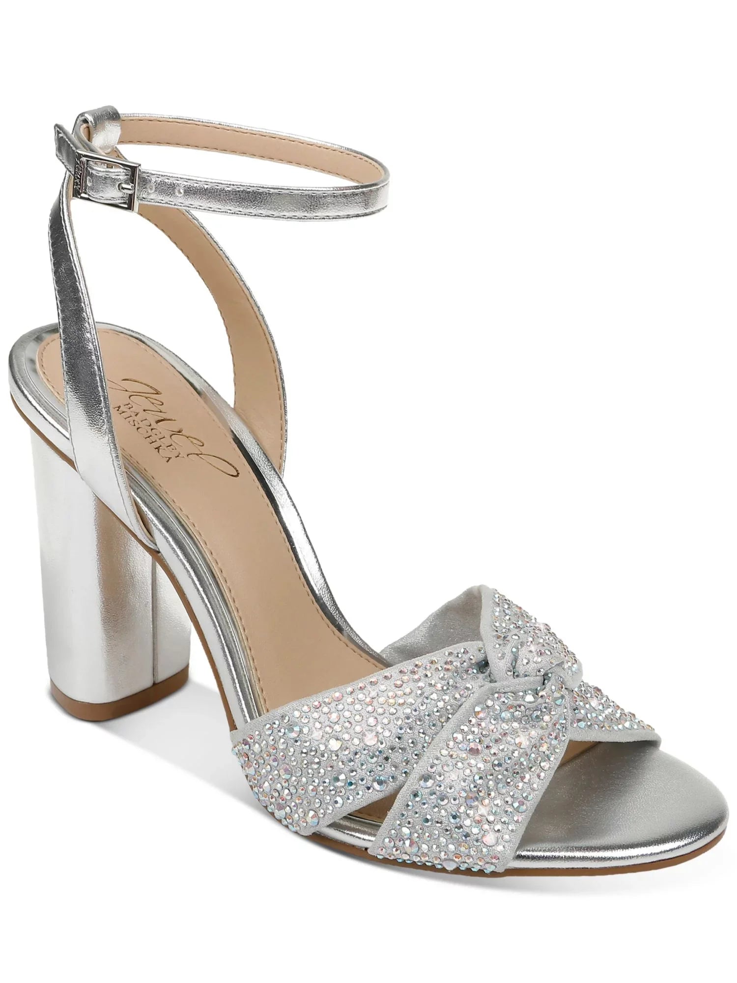 Rhinestone Round Silver BADGLEY Dress Toe JEWEL Twisted M Block Ankle MISCHKA Buckle Adjustable Strap Heeled Sandal Nicoline Metallic Strap Heel Strap Womens Padded 7.5