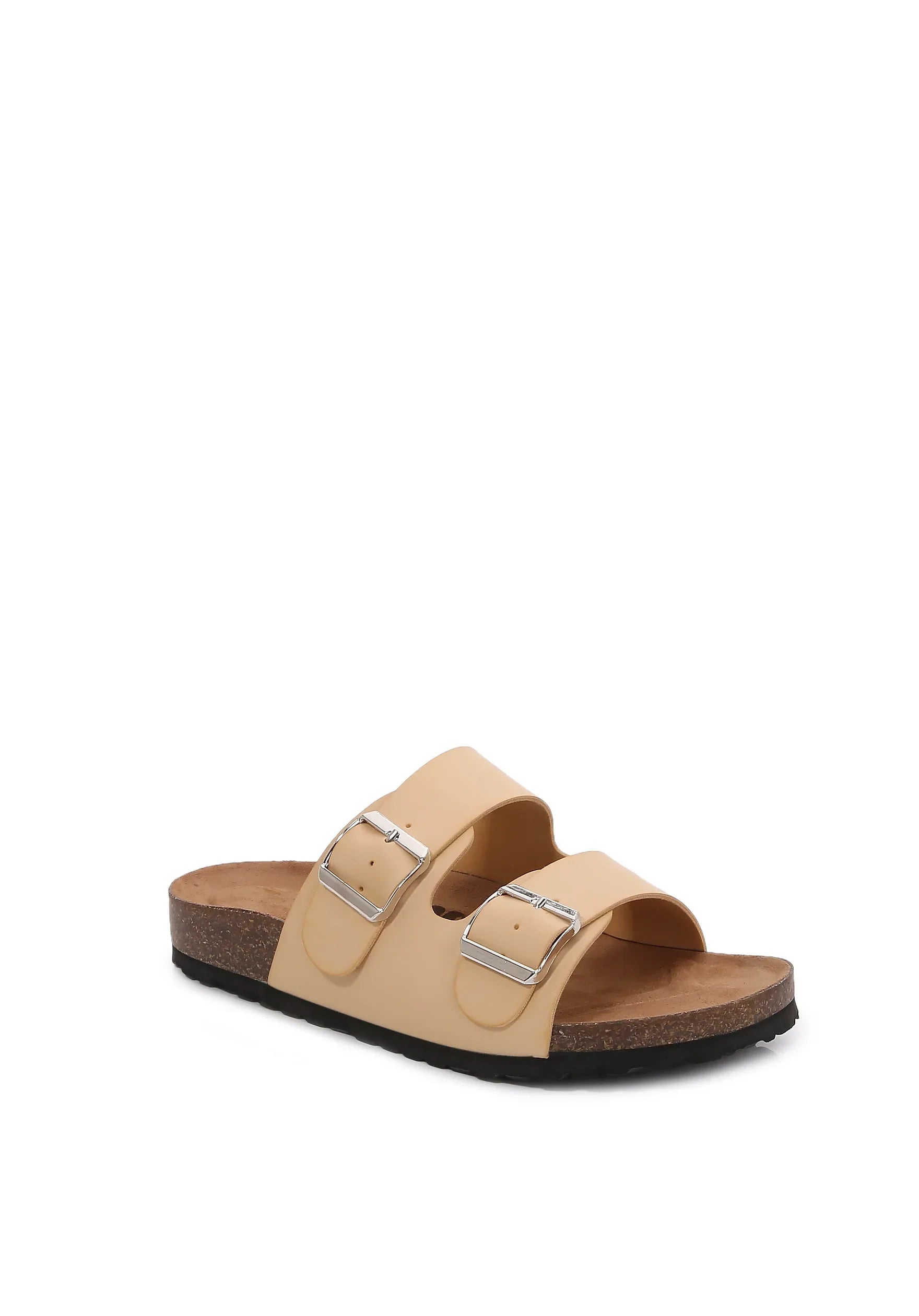 Women (PU Apricot/ Sandal Soft Double Slider Strap Cork Leather Footbed PU Cushioned 6)