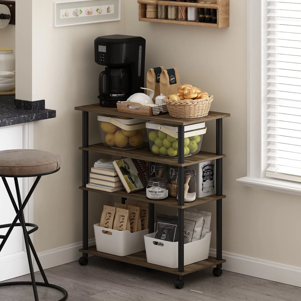 Rolling Island Walnut/Black Kitchen on Columbia wheels, Furinno Helena 4-Tier