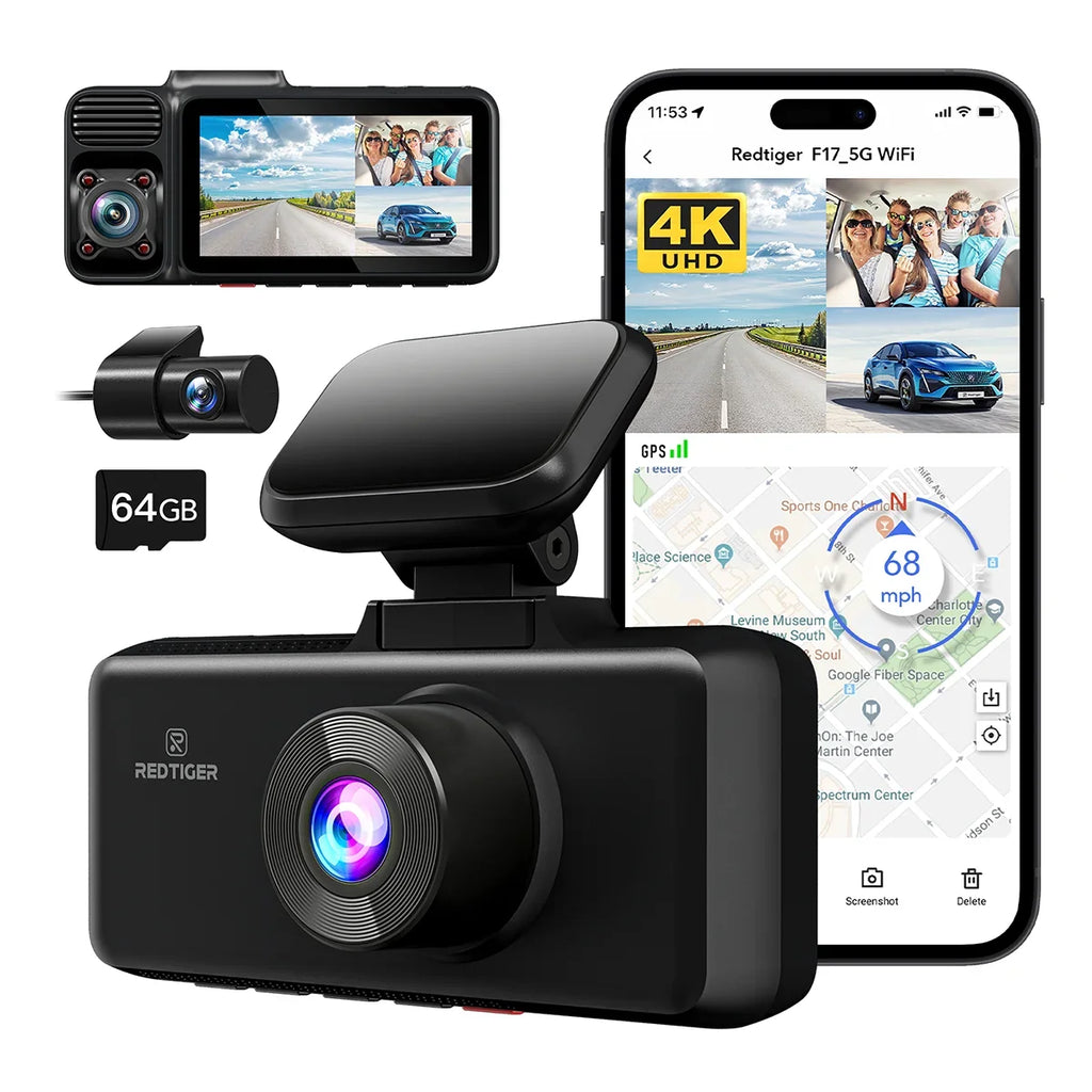 Rear REDTIGER with Camera IR and DashCam Channel, Front with Cam inch Screen GPS, Triple 3 3 Dash Camera 64GB WiFi IPS Vision, Car Card, Night 5G Way Dash with Vehicle Three Free