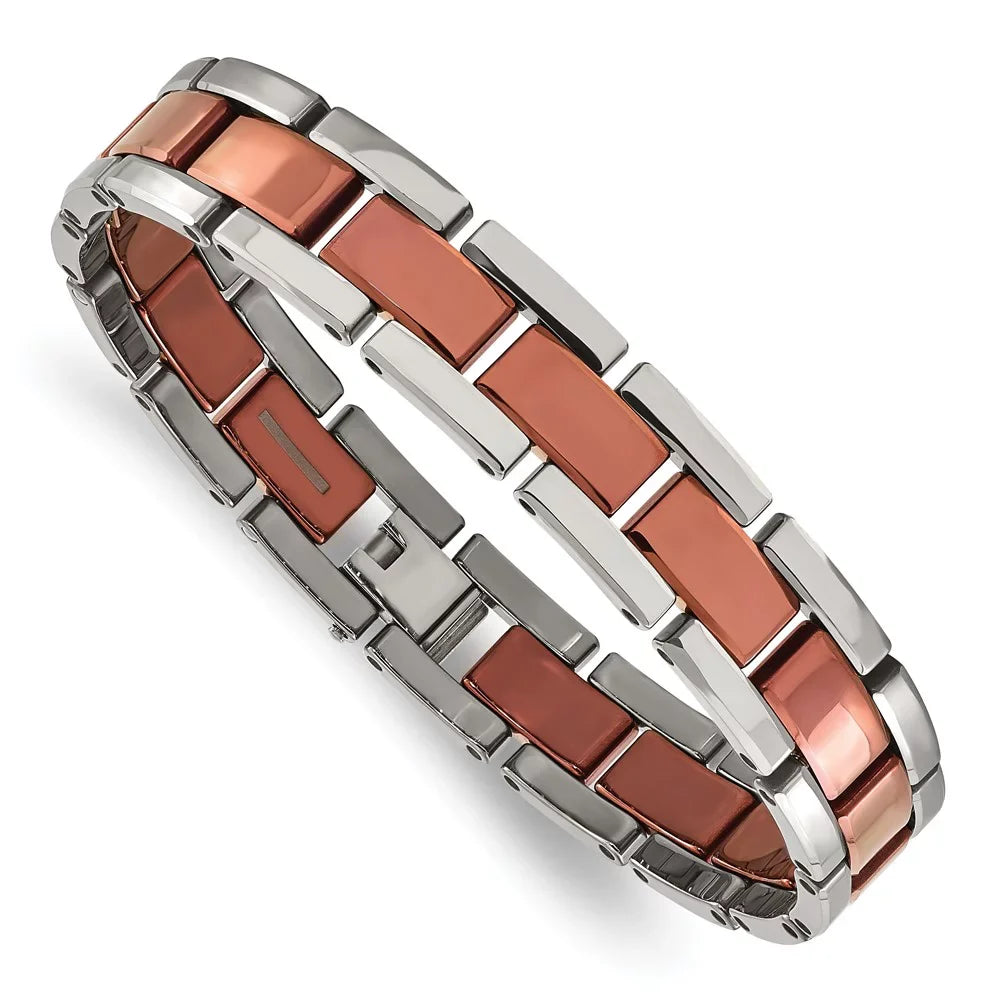The Bow Men's & Link Plated Tungsten In Brown 8.25 Bracelet, Black Panther Polished