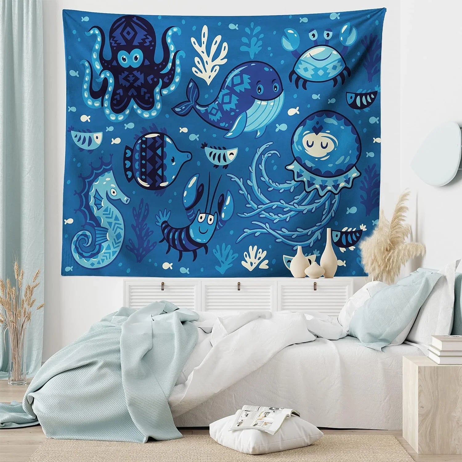 Octopus Moss Dorm, Fish Room Hanging Whale Tapestry, Animals X Fabric Living Little And For 30", Deep Print, Ocean With Decor Blue 45" Cartoon Bedroom Wall Sealife