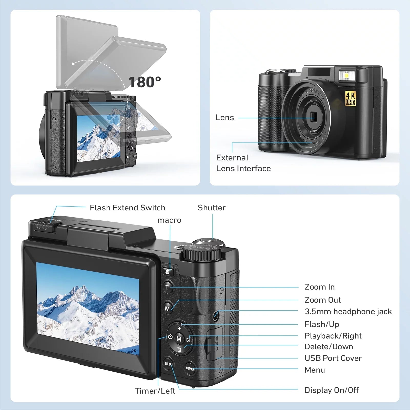 Screen Digital 16X Digital MARVUE Function Camera with Macro Camera YouTube Flash, for Zoom 180°Flip Vlogging Photography & 48MP Liftable 4K 3’’ Camera