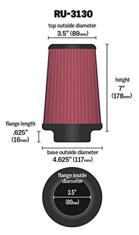 Clamp-On 7 ID: in Washable mm) Flange (178 Top 3.5 and Filter, K&N in Reusable, Round Height: 3.5 mm) in (89 mm) 4.625 Tapered: RU-3130 Air in (117 Engine Universal mm) (89 Base: