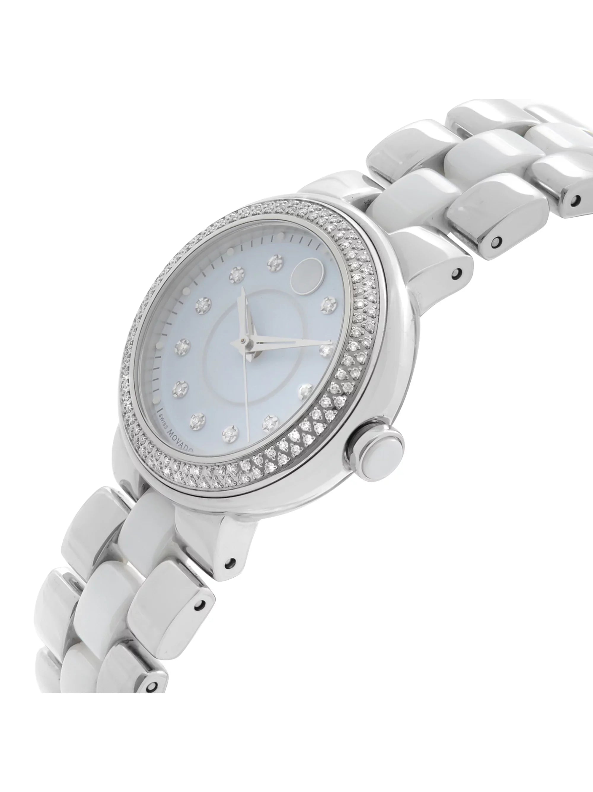 Diamond Bezel Cerena Ceramic Movado White Watch 28mm Steel 0606931 Ladies Pre-Owned Quartz