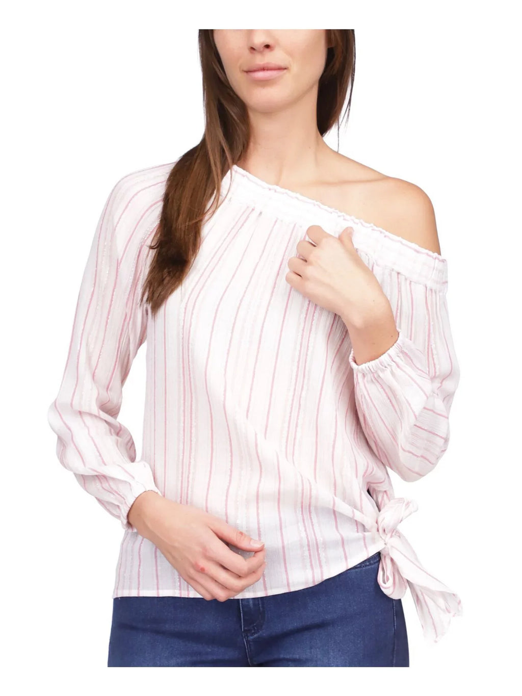 Long Womens Striped Top Tie Pink Asymmetrical Hem Metallic KORS MICHAEL Neckline M Sleeve Side