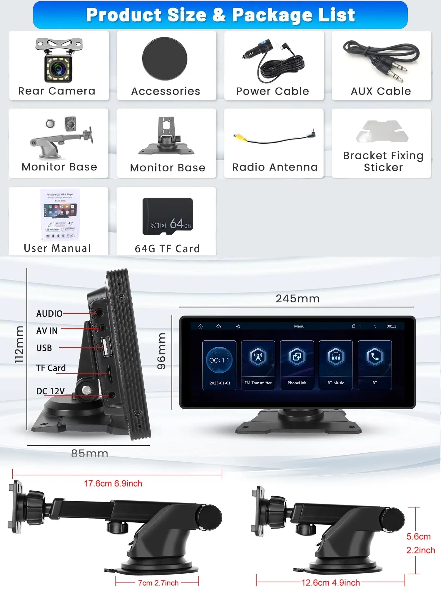 Android Podofo Suv Carplay Bluetooth with Auto 7-32V Van Pickup Link Touch for Vehicles, AUX Car FM Camera Mirror Stereo Card&Backup Portable Radio Screen 64G Car 10.26" Wireless