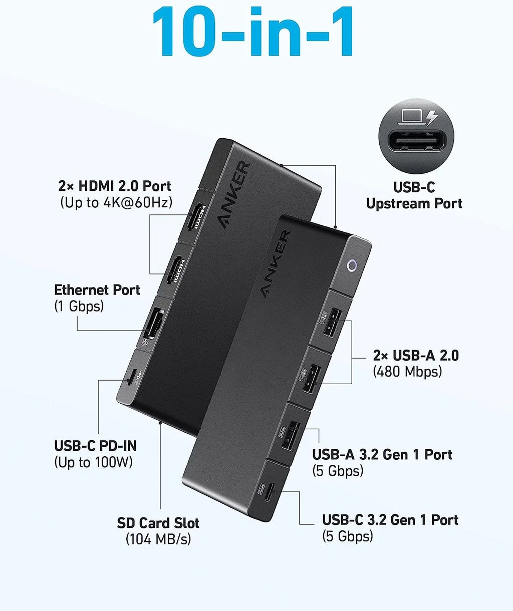 and USB-C Dual 4K Laptop, HDMI) Power Dell Dual Slot 100W Ports, (10-in-1, 4K for Anker Ethernet SD HDMI USB and Max C ThinkPad, with Ports, Data More USB-A Delivery, 364 Card Hub 4 and
