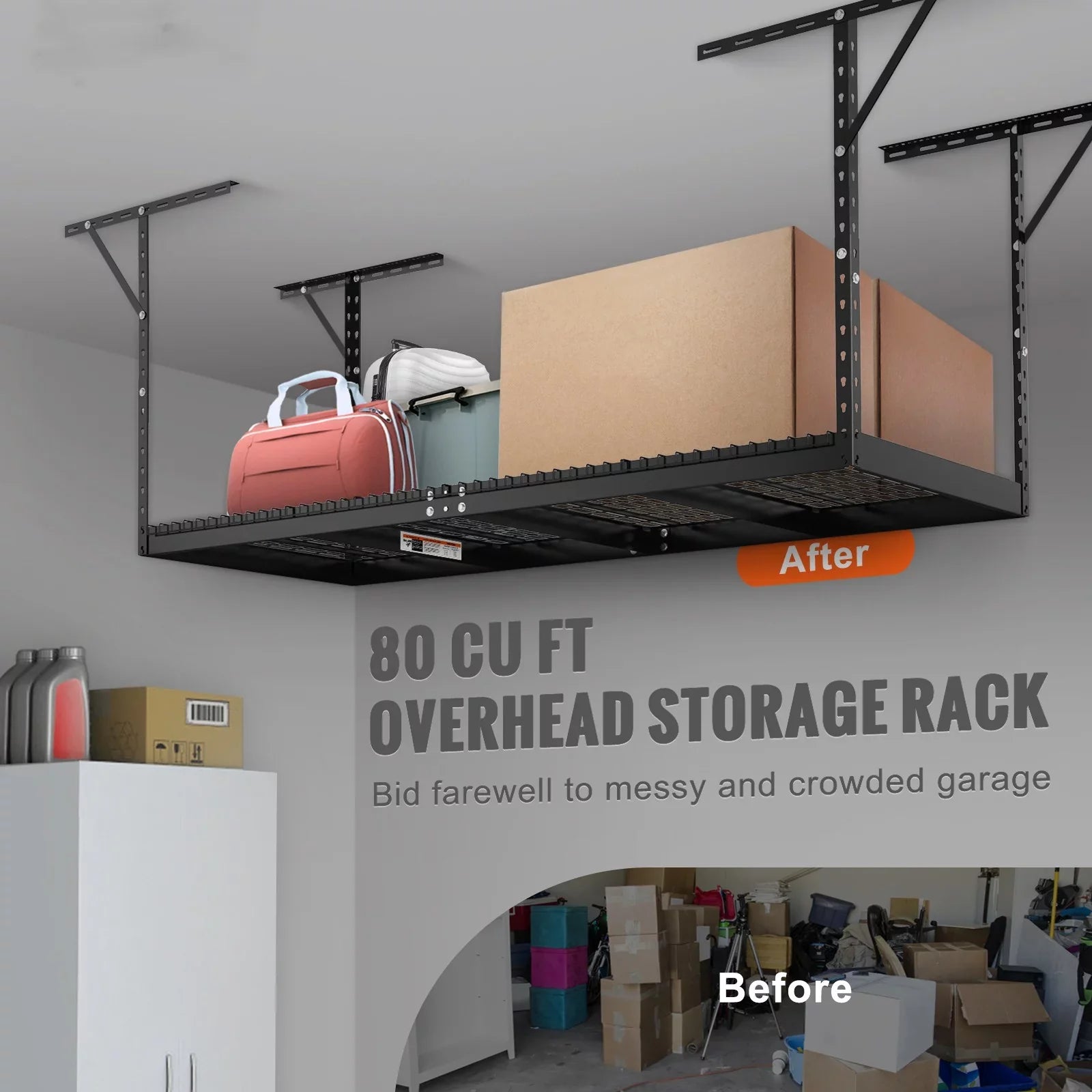 Storage Rack Overhead Garage BENTISM Rack Black 600lbs Ceiling 36x96in Adjustable