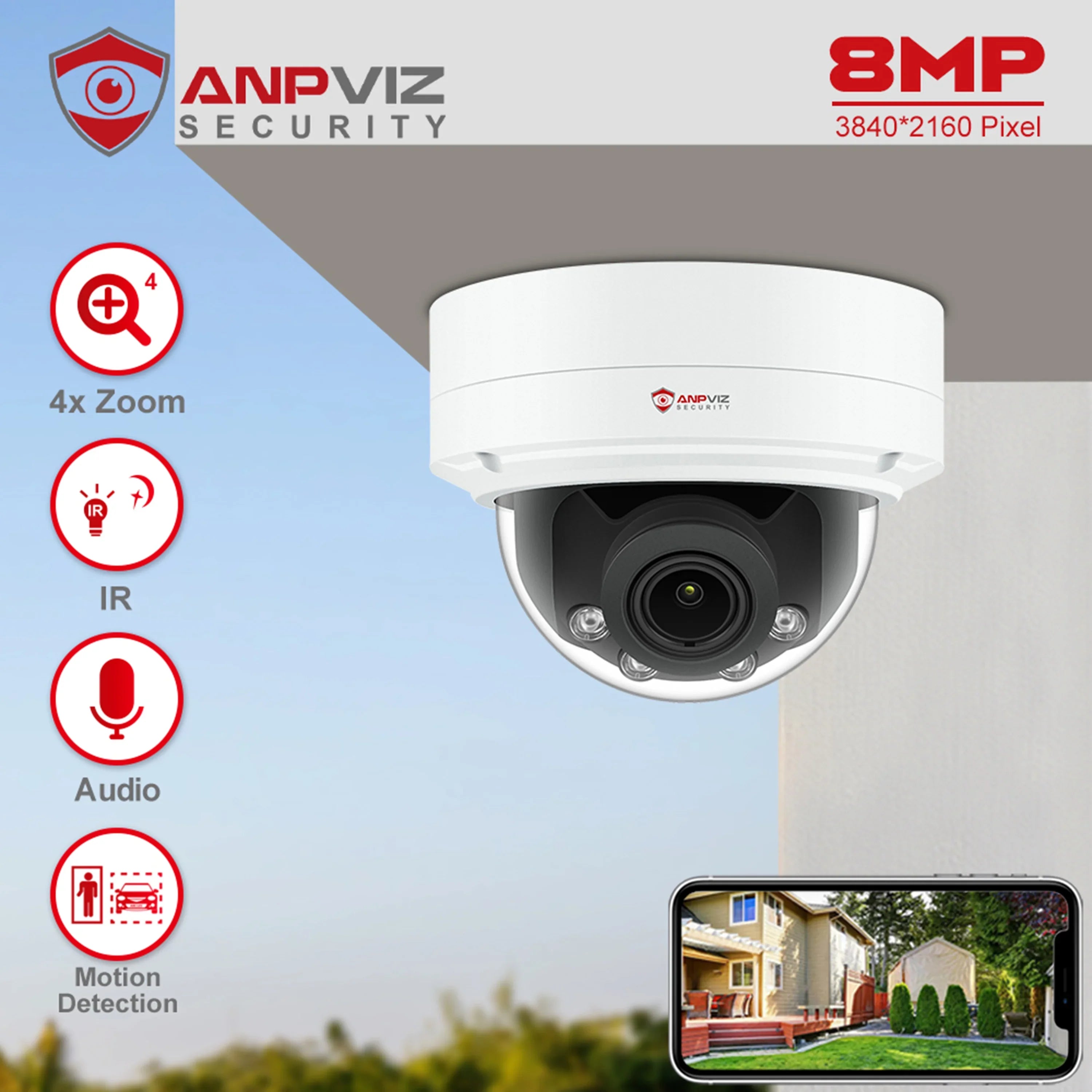 Detection Camera ANPVIZ Support in IP66 Human IP Camera Distance 8MP Mic Built 4X IR 30m H.265 Zoom Vehicle
