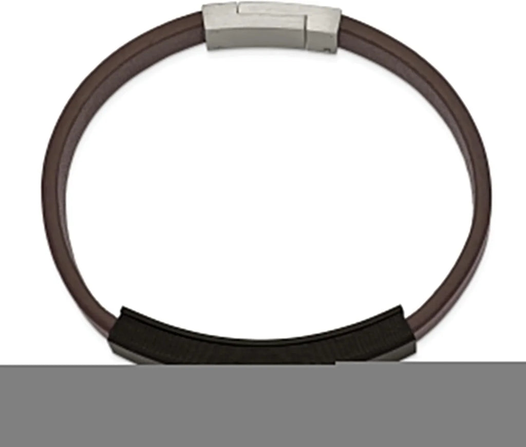 Polished - Faux Steel Chisel Fiber Carbon Cross 8" Stainless Bracelet Brown Leather Solid