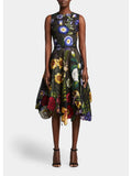 Round OSCAR Black Handkerchief Belted Sheer Zippered DE Hem Fit Dress Flare Lined Midi Neck Womens Sleeveless Floral RENTA + LA 8