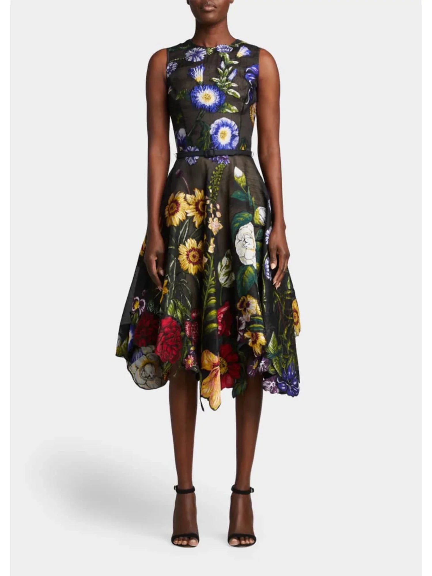 Round OSCAR Black Handkerchief Belted Sheer Zippered DE Hem Fit Dress Flare Lined Midi Neck Womens Sleeveless Floral RENTA + LA 8