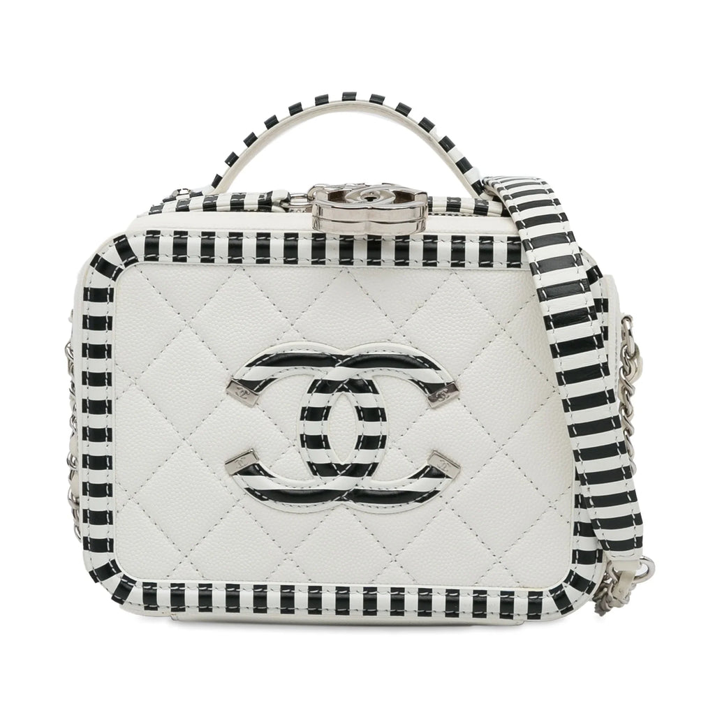 Filigree Leather (Like Pre-Owned Caviar Bag Authenticated CC White Unisex Small Chanel New) Vanity
