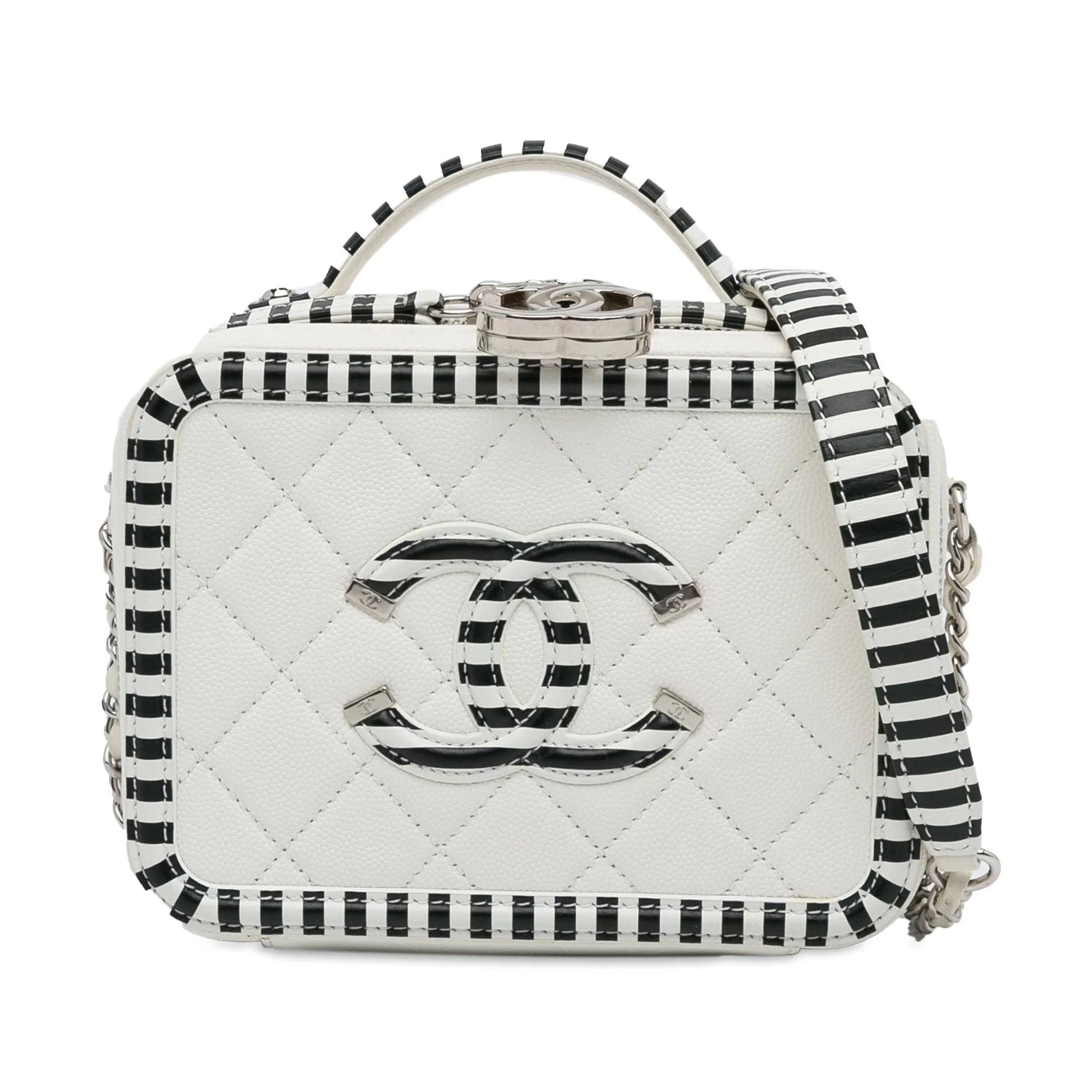 Filigree Leather (Like Pre-Owned Caviar Bag Authenticated CC White Unisex Small Chanel New) Vanity