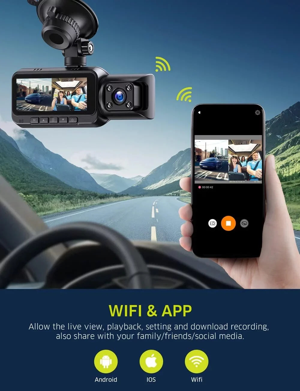 Camera and GPS Camera WiFi UHD Night Dash Card Cam, Inside Front 4K IR with Vision Car 64GB Dash TOGUARD