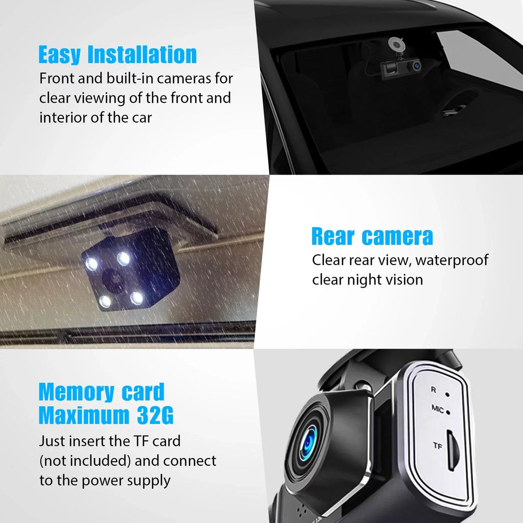 and Parking for Dash 3 Inside Night Triple Vision, Full Front Monitor Dashcam Card, Channel 1080P Cars, HD Rear Camera Three W/IR Dash Loop Car Camera Recording, TF Cam W/32GB Way G-Sensor,