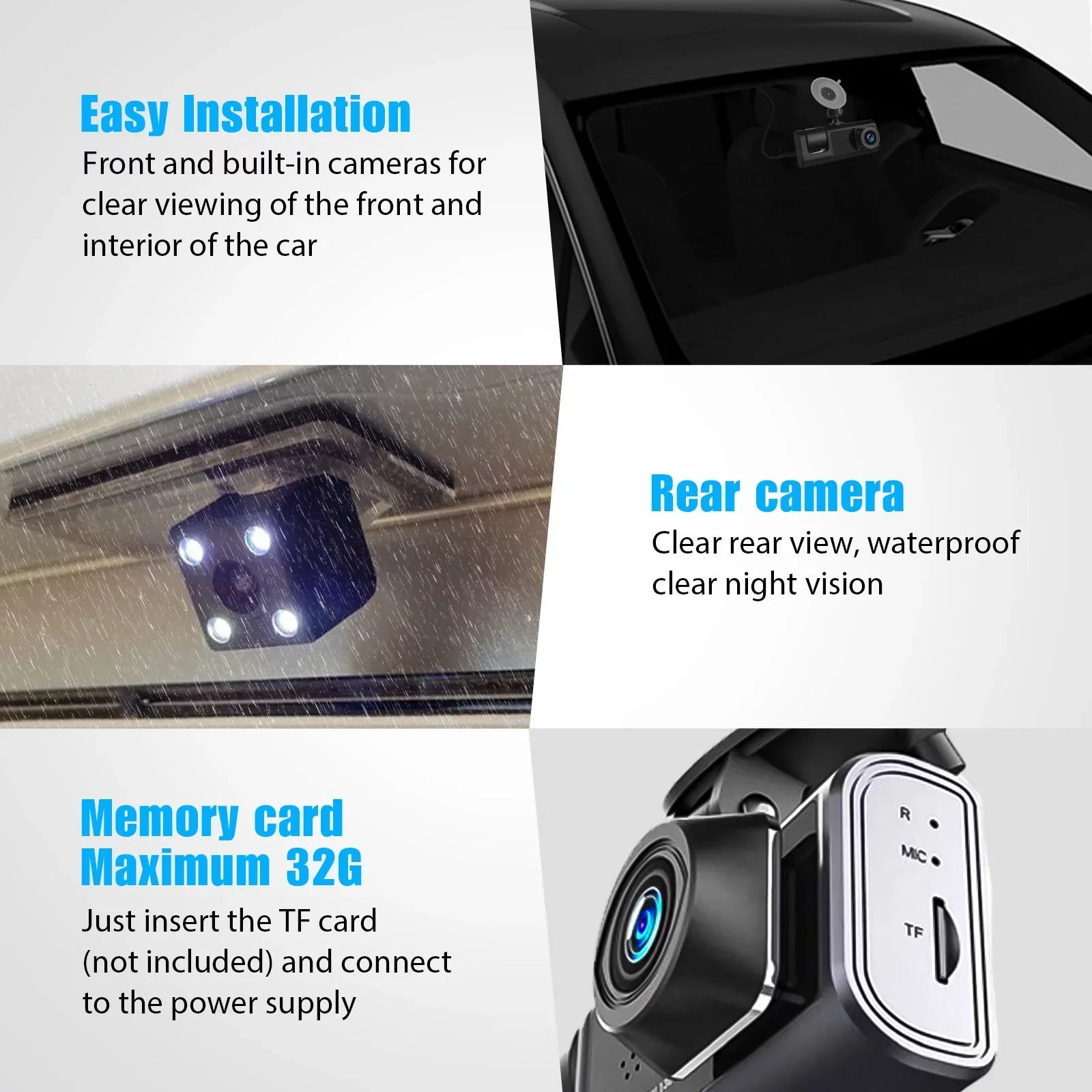 and Parking for Dash 3 Inside Night Triple Vision, Full Front Monitor Dashcam Card, Channel 1080P Cars, HD Rear Camera Three W/IR Dash Loop Car Camera Recording, TF Cam W/32GB Way G-Sensor,