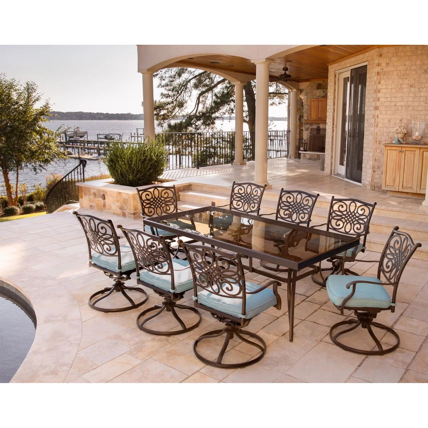 Dining Cambridge Dining Glass-Top in 9-Piece Blue Extra Seasons Table Large with Set