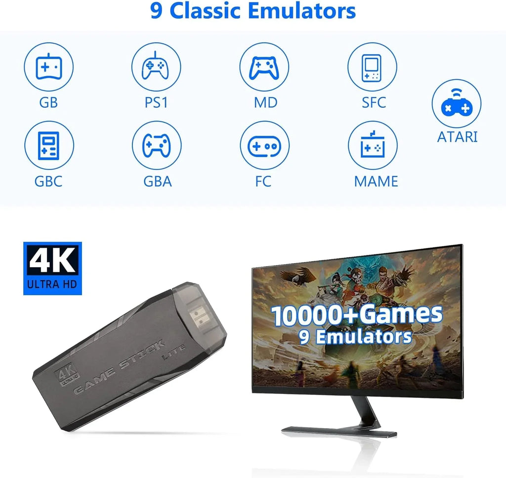 HD Built and with 4K Game Game Output Play 2.4GHz Retro Video 10000+ Emulators, in Wireless 9 Controllers Stick,Wireless Game (64G) Stick Retro Plug Console Games,
