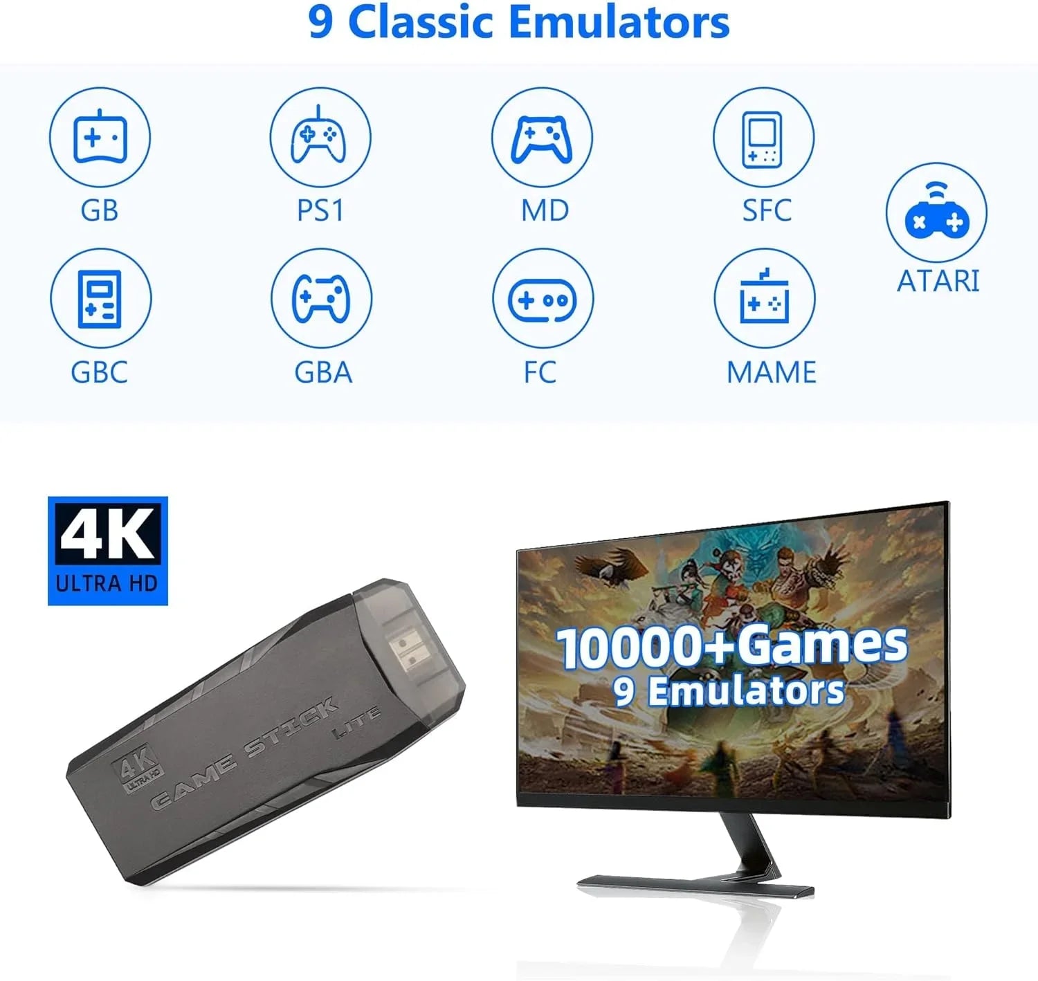 HD Built and with 4K Game Game Output Play 2.4GHz Retro Video 10000+ Emulators, in Wireless 9 Controllers Stick,Wireless Game (64G) Stick Retro Plug Console Games,