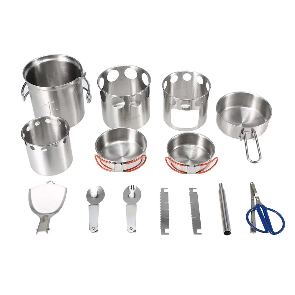 and Tableware Stove Camping Cookware Mess Kit, Steel Stainless Picnics Backpacking Set, Folding for Set Portable Pot Cooking Wood Lixada Pan
