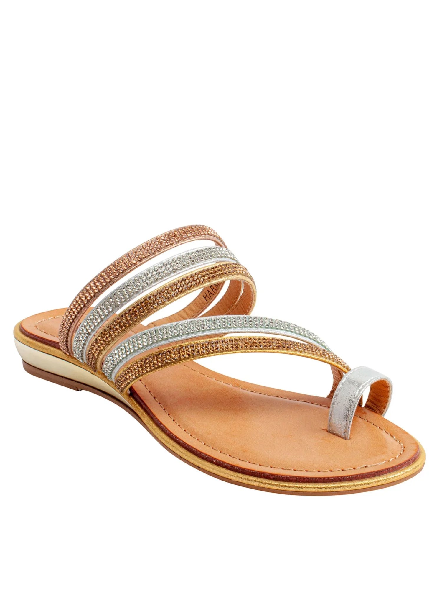 Gold Round Slip G.C. Womens 9 Rhinestone Sandals Padded Toe-Loop Harmonie Slide On SHOES Toe Strappy Wedge