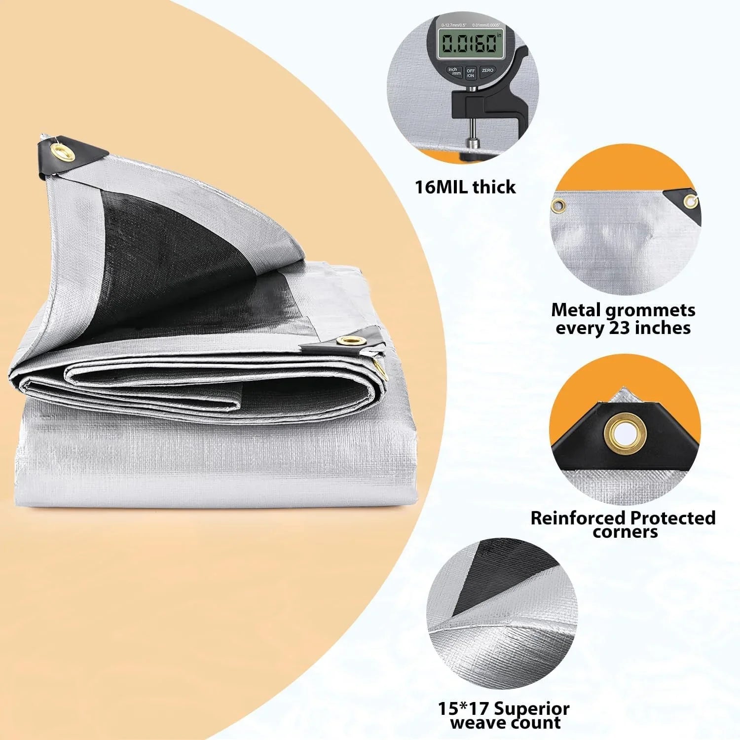 Extra Duty Mil, 16 with UV Resistant, Reinforced 100% Tear X Tarps Grommets Tarp Camping, Fade & Waterproof 20?, Heavy for Boat(Silver/Black) Patio, Outdoor 12? Pool, Thick Roof, Blocking,