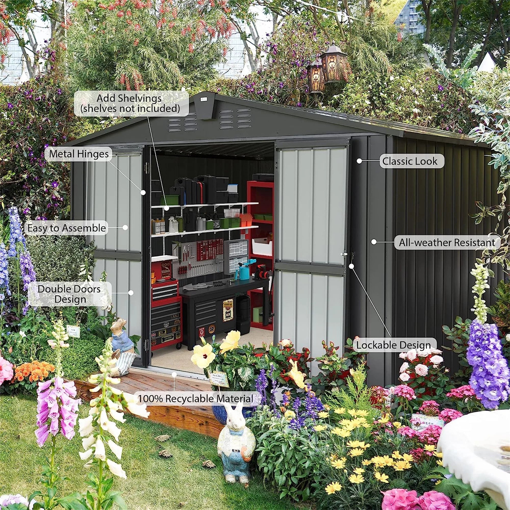 Lawn Door 8', with CoSoTower Metal Steel Trash for Lockable Outdoor Storage Shed Cabinet 10'X for Patio, Black) Bike, Garden Storage Backyard, Outdoor (10X8ft, Shed Galvanized Can, Tools,
