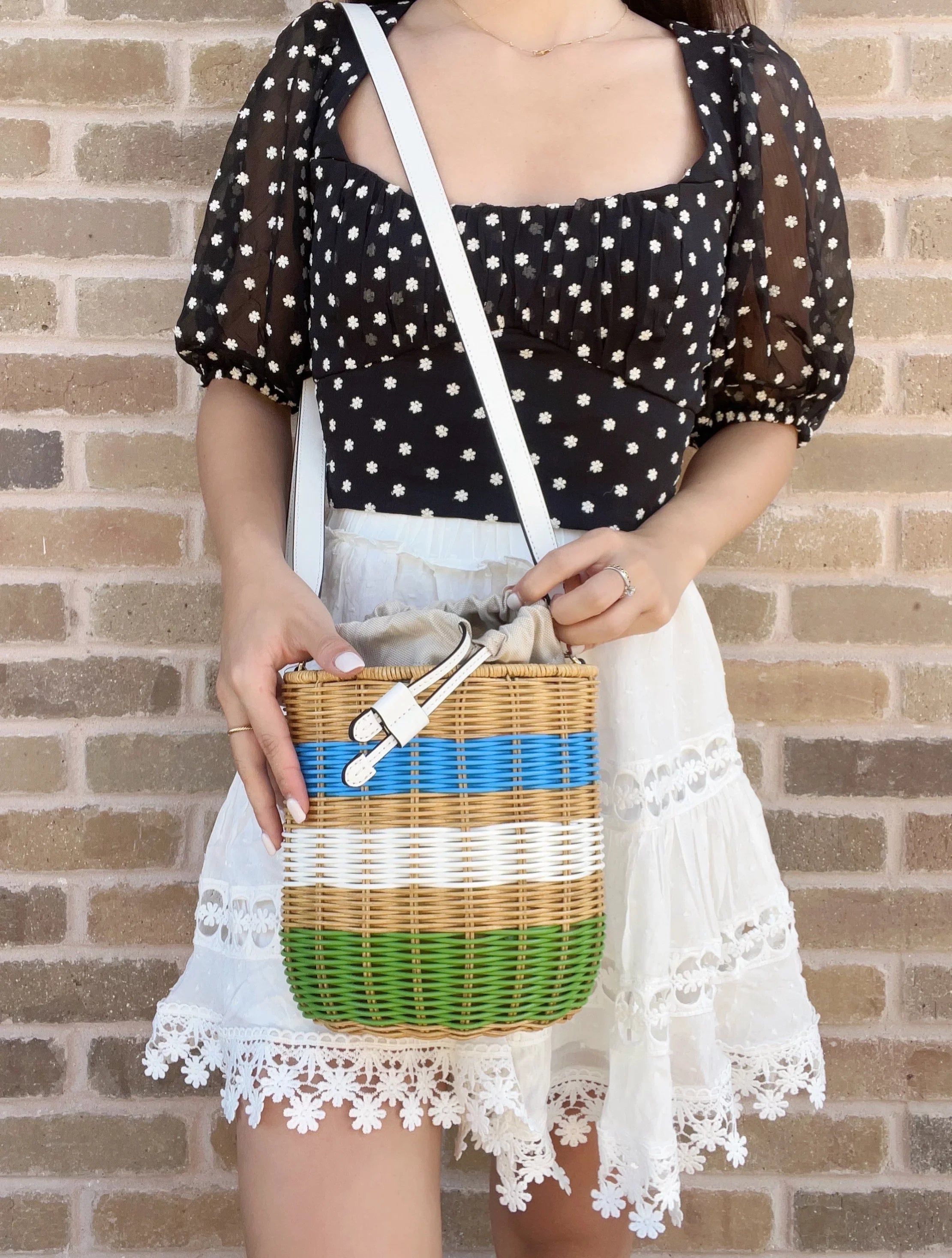Wicker Medium Crossbody Bucket Drawstring Buoy Shoulder Bag Spade Kate