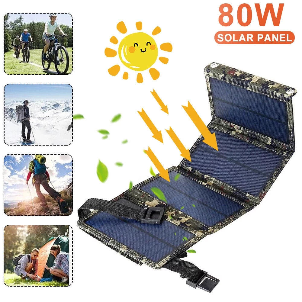 80W Bank Panel Outdoor Solar Camping Paddsun Phone Power Hiking Folding USB Charger