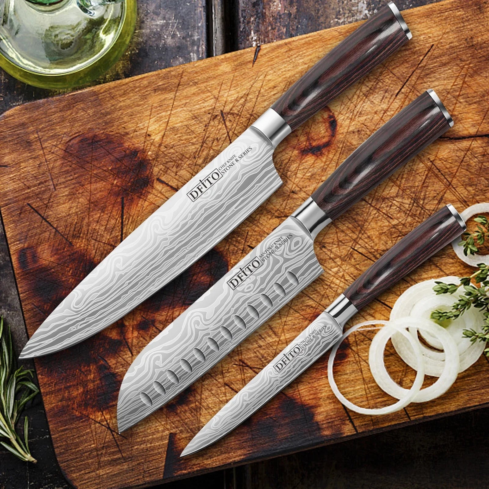 or and Knife, Steel Set, Chef Knife 3PCS Box Kitchen Sharp Ultra Home Stainless for Gift Knives,High Professional Blade, Chefs DFITO Restaurant Carbon Handle Ergonomic