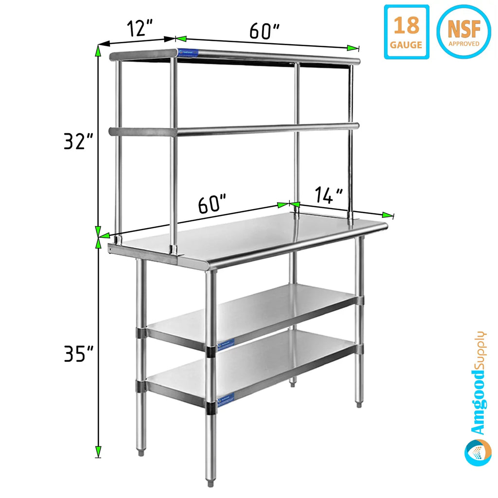 Table Wide Double Prep Table 14" Work 12" Combo Shelves Steel Two 60" Tier Shelving Overshelf With Kitchen | & Metal | Stainless x