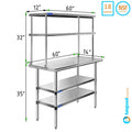 Table Wide Double Prep Table 14" Work 12" Combo Shelves Steel Two 60" Tier Shelving Overshelf With Kitchen | & Metal | Stainless x