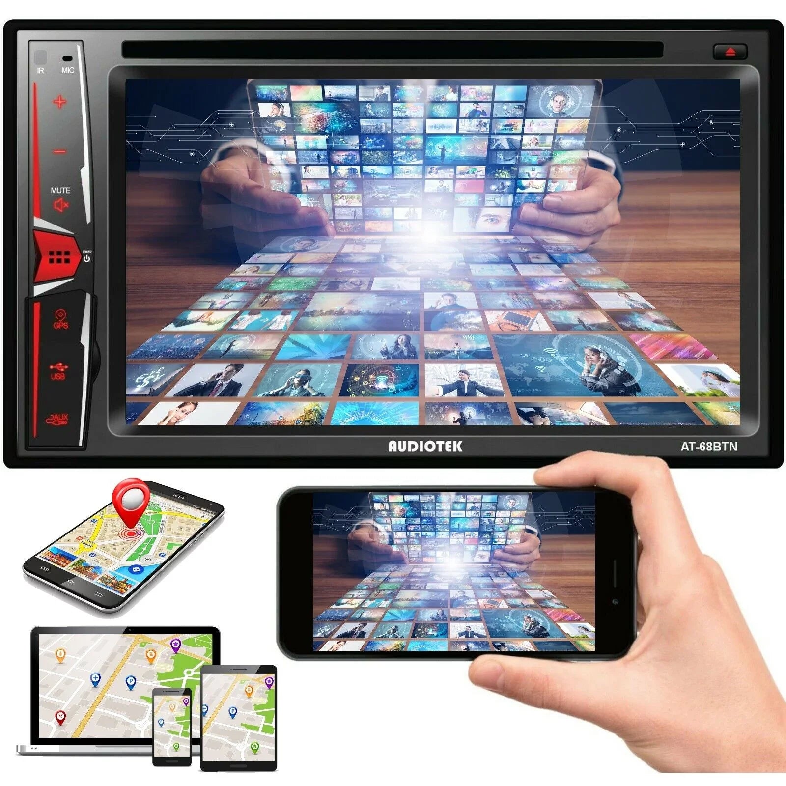 AT-68BTN Rearview Bundle Touch Camera Link+ Audiotek XV95BK 6.2" Radio Screen Mirror