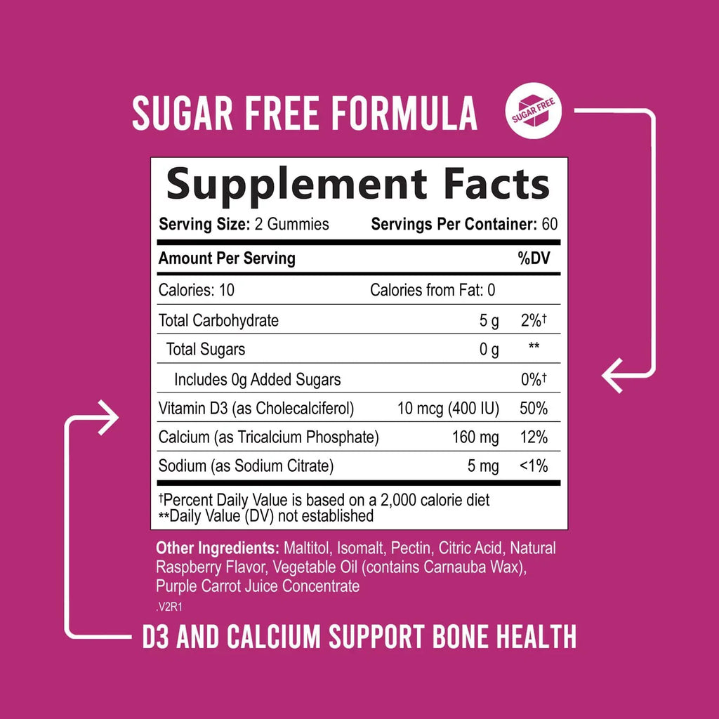 Plus Free & 120 Vitamin Flavor Gummies Chewable - Non-GMO, 400 Health Calcium Chews IU Berry Support, D3, Bone Bites Supplement, Strength Immune Bone Calcium Sugar Gummy Nutrition - Supports