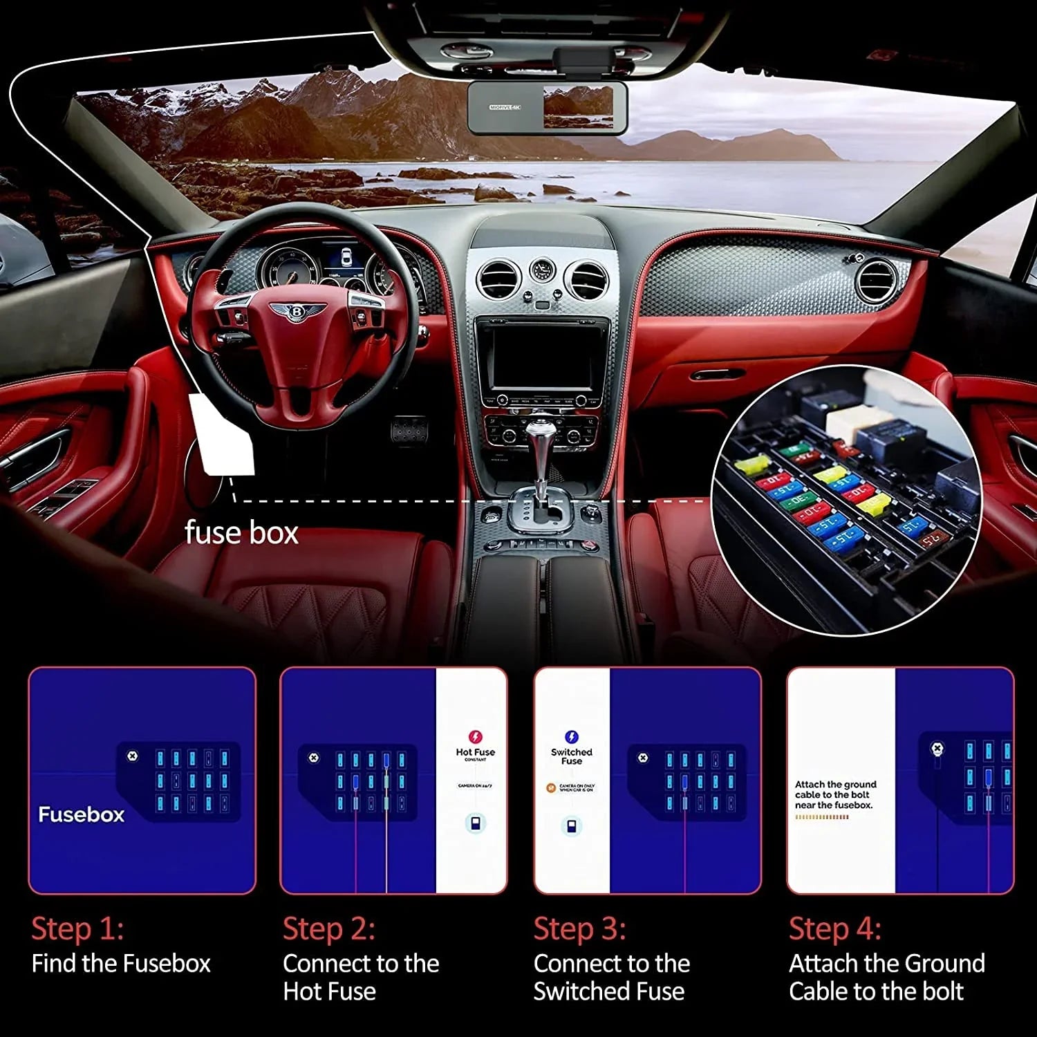 5V/2.4A Kit for Kit Cam to ro Hardwire 12V-24V Kit, Dashcam USB Wire 11.5ft w/Fuse Dash Converts Hard