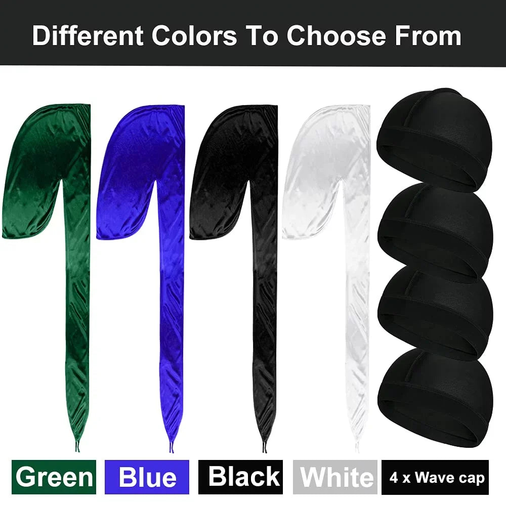 ASKNOTO Silk Men Pcs with Tail Long 360 for 4 Perfect Cap Durag 4 Headwraps Waves Pcs Silky Wave and