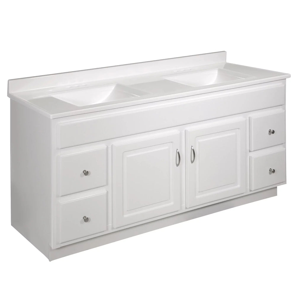 Top House Rectangle Mount Double Bowl 61-inch Integrated Marble Cultured Camilla Solid Design Vanity White 557678-WHT Centerset Backsplash, with