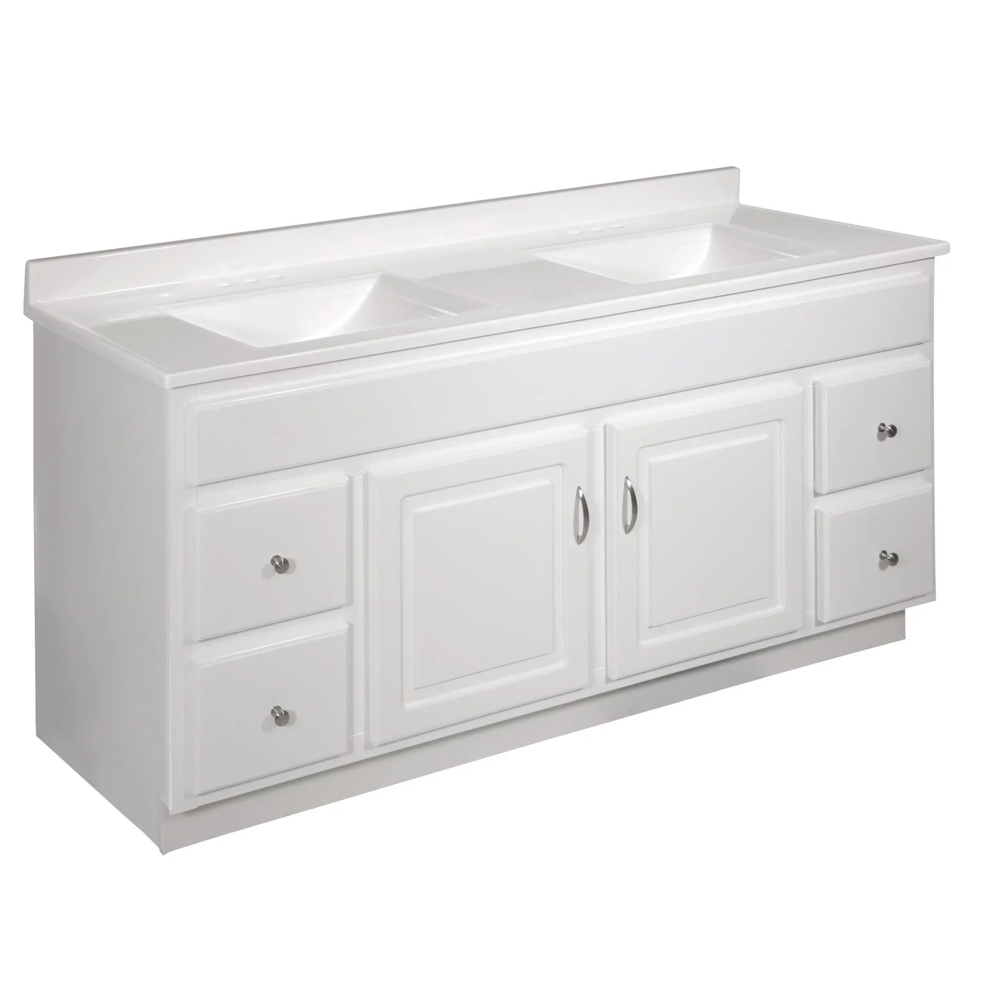 Top House Rectangle Mount Double Bowl 61-inch Integrated Marble Cultured Camilla Solid Design Vanity White 557678-WHT Centerset Backsplash, with