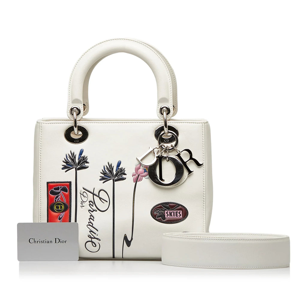 Paradise Medium Lady Unisex White Authenticated Satchel Dior Pre-Owned Lambskin Leather (Good)