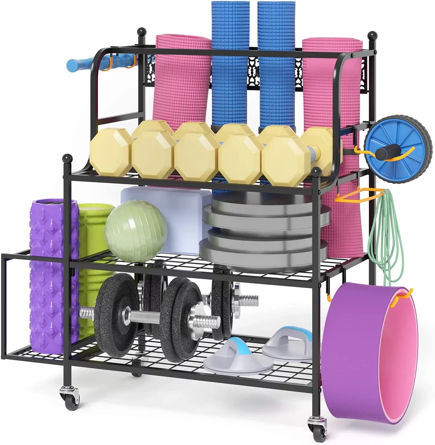 Organizing Rack Foam for Strap Equipment Racks, Yoga Storage Home Mat with Y&M All-in-One Wheels, and Organizer Storage and Hooks Resistance Yoga Workout Storage Band Gym Dumbbells Roller, Kettlebells