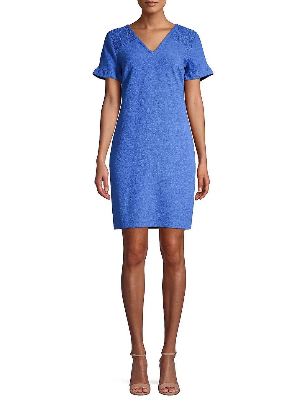 Dress Blue Knee Above Lace Wear The LAGERFELD Short Work Ruffled Zippered 6 Neck KARL To Shoulder V Sleeve Womens Shift