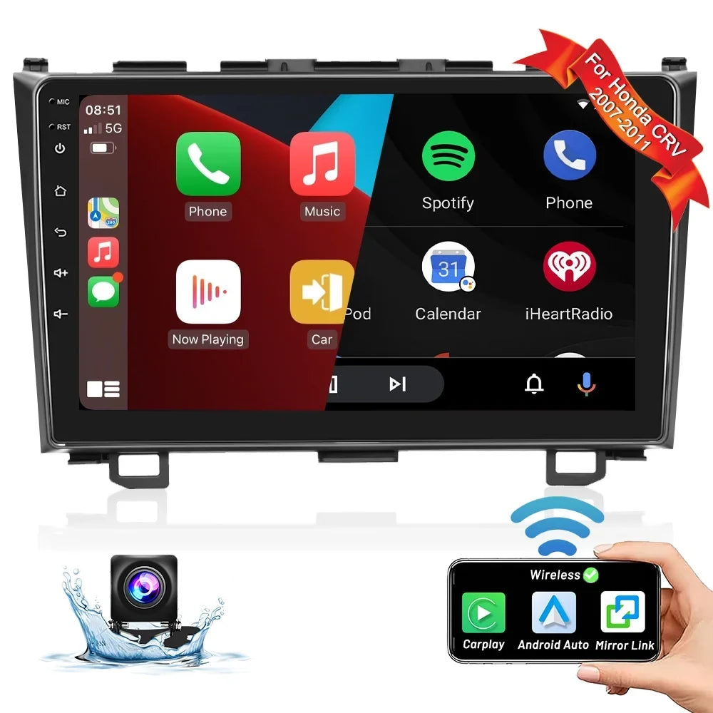 1080P AHD Radio WIFI Touchscreen Stereo 12 Backup Mirror 2007-2011 9'' For Wireless Android CRV FM HD Honda Auto Camera Android Car Carplay Player Bluetooth Link GPS USB Hifi,