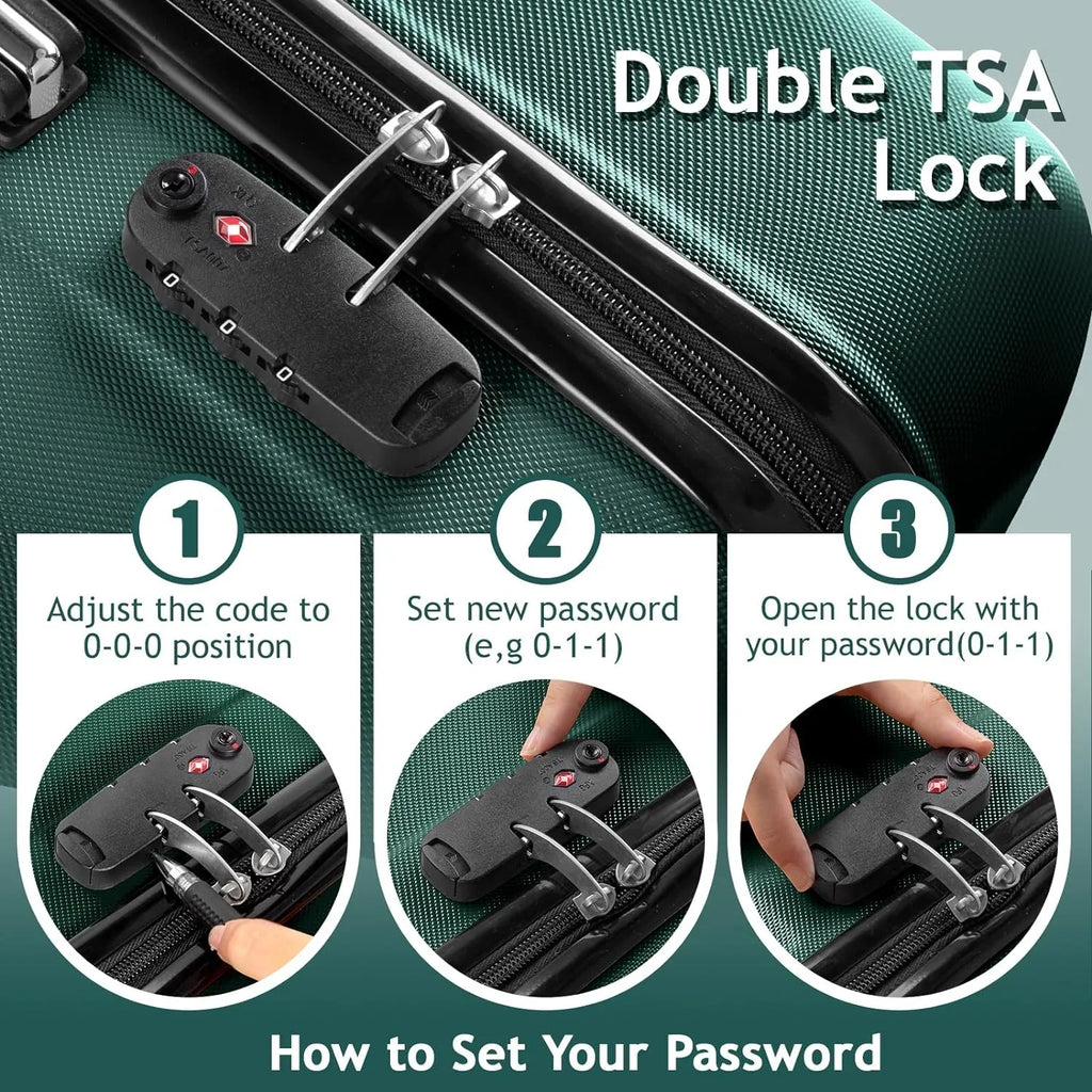 Suitcase Green Wheels lock, Carry Hardside Spinner ABS Luggages for Portable of with Lightweight Sets 3 - Dark & Set on TSA Business Luggage Travel (20/24/28)
