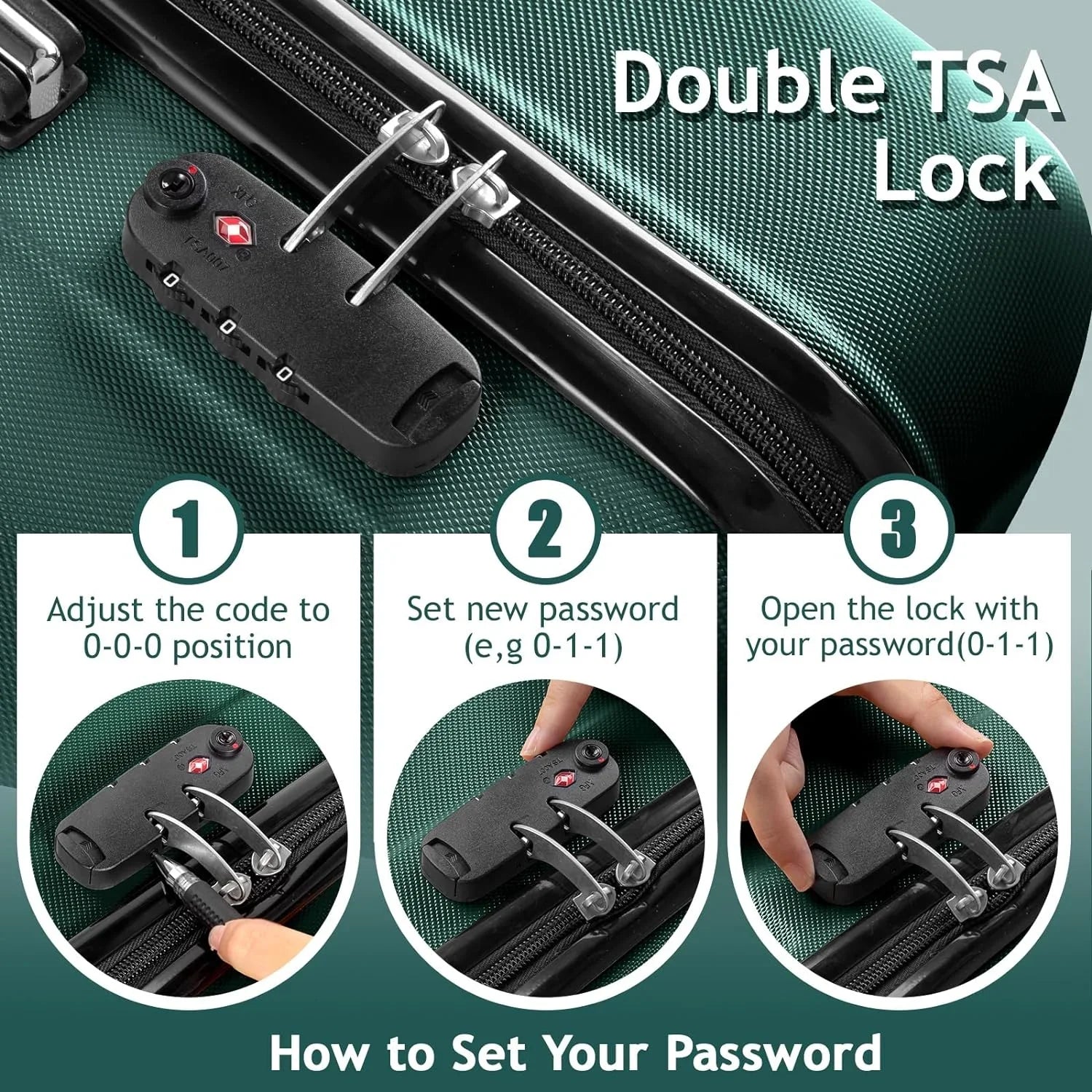 Suitcase Green Wheels lock, Carry Hardside Spinner ABS Luggages for Portable of with Lightweight Sets 3 - Dark & Set on TSA Business Luggage Travel (20/24/28)