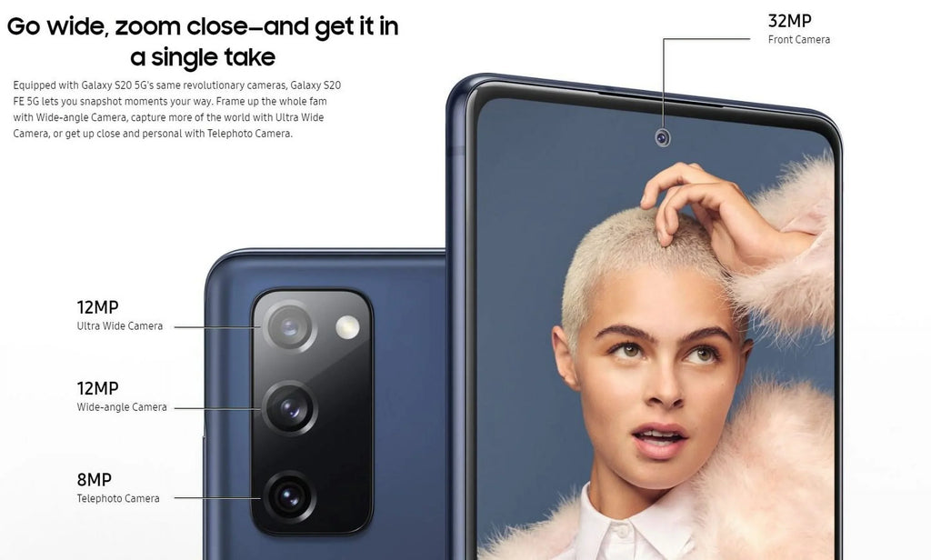 5G camera MP 5G Galaxy S20 - - Internal MP, pixels navy OLED microSD 3x 8 6 Hz) - cameras RAM 6.5" smartphone 1080 - 2400 MP, 128 - 12 Samsung slot display / - - MP rear 12 FE (120 GB GB - x cloud Memory front 32 -