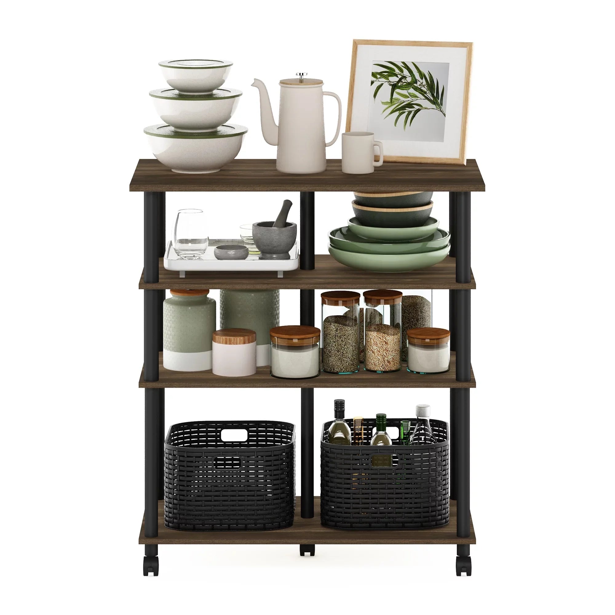 Rolling Island Walnut/Black Kitchen on Columbia wheels, Furinno Helena 4-Tier