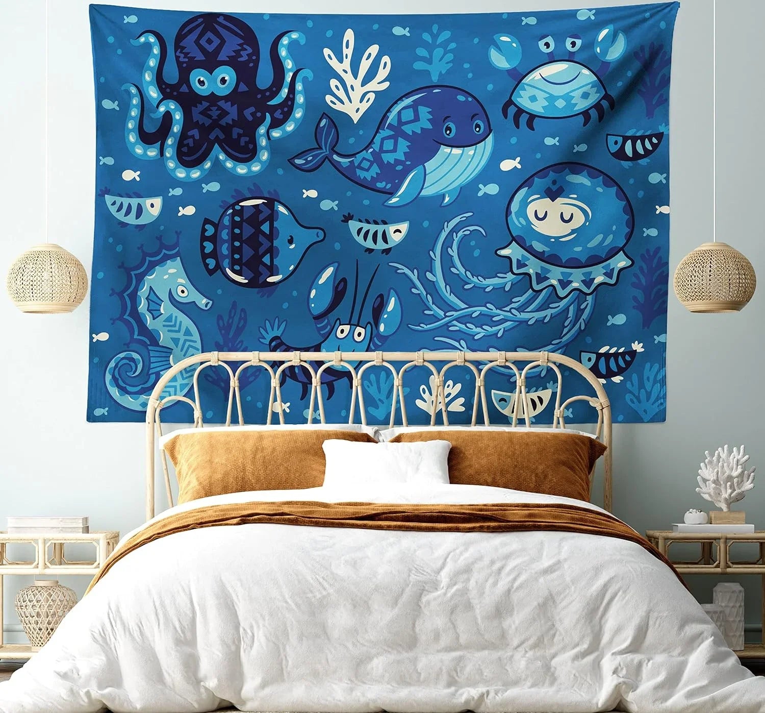 Octopus Moss Dorm, Fish Room Hanging Whale Tapestry, Animals X Fabric Living Little And For 30", Deep Print, Ocean With Decor Blue 45" Cartoon Bedroom Wall Sealife