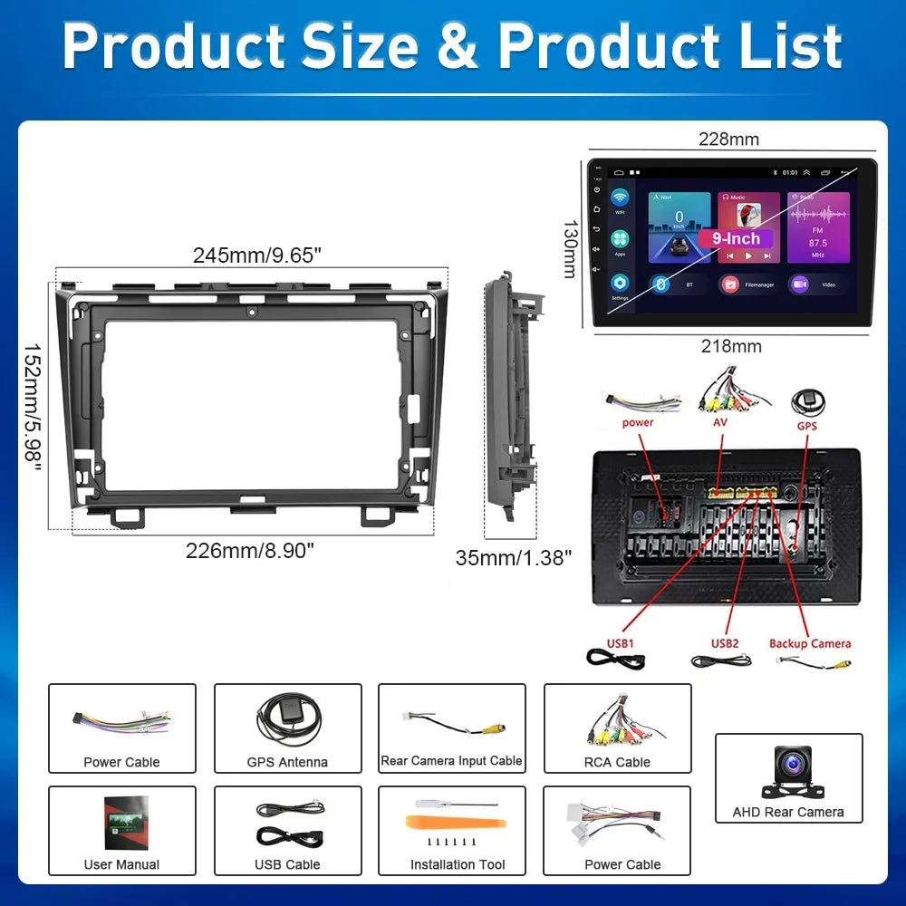 1080P AHD Radio WIFI Touchscreen Stereo 12 Backup Mirror 2007-2011 9'' For Wireless Android CRV FM HD Honda Auto Camera Android Car Carplay Player Bluetooth Link GPS USB Hifi,